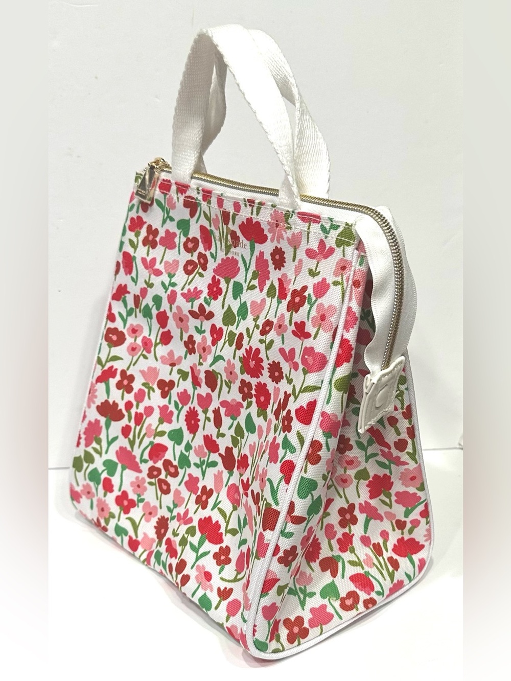 NEW, Kate Spade New York White/Red Floral Print Lunch Bag w/ Handle Zipper - Picture 9 of 10